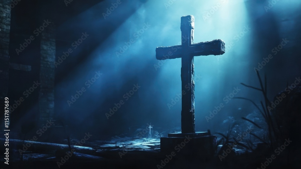 Fototapeta premium Mystical Cross in Dark Cemetery with Atmospheric Lighting Effects