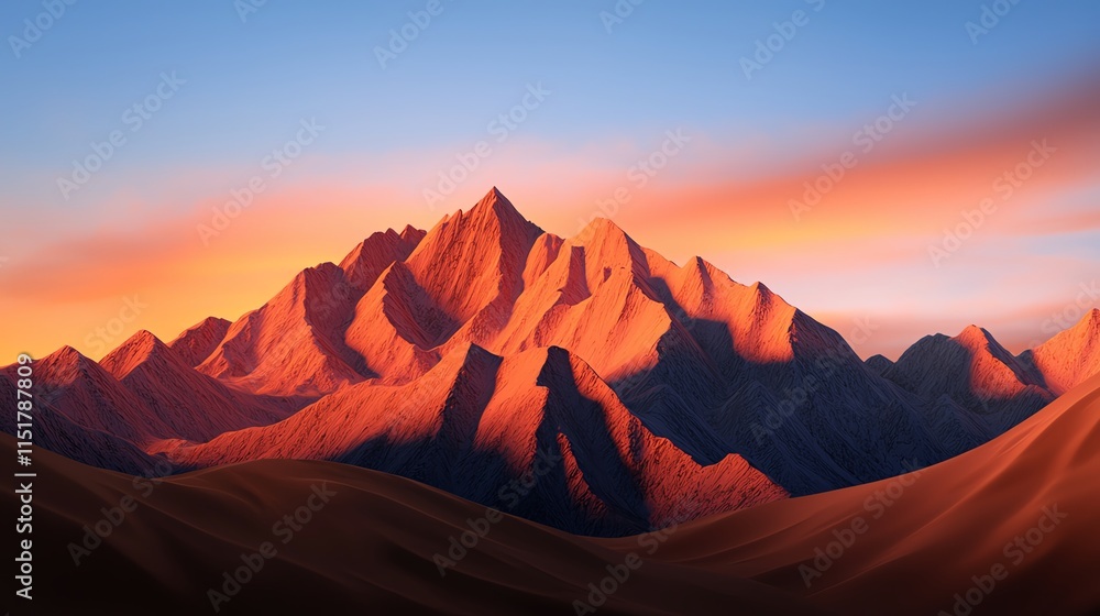 Naklejka premium Majestic mountains bathed in warm sunset hues, showcasing rugged peaks and serene skies, creating a breathtaking natural landscape.