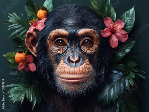 Portrait of Monkey in the jungle Surrounded by red Flowers and tropical plants– Digital Art,illustration photo