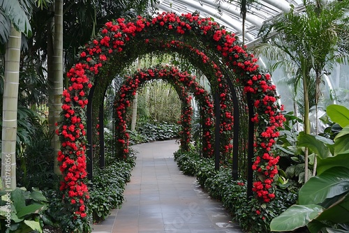 Valentine's Day Garden Arch with Red Flowers Creating a Romantic Setting. photo