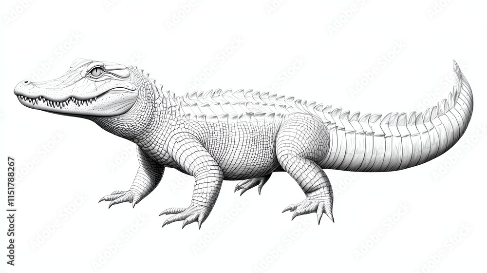Fototapeta premium A detailed illustration of a crocodile, showcasing its distinctive features and texture in a realistic, monochrome style.