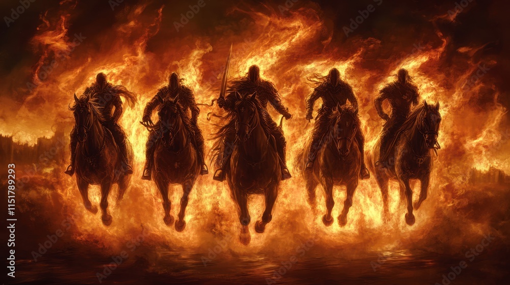 Fototapeta premium Riders Emerge from Flames Against a Dark and Fiery Background