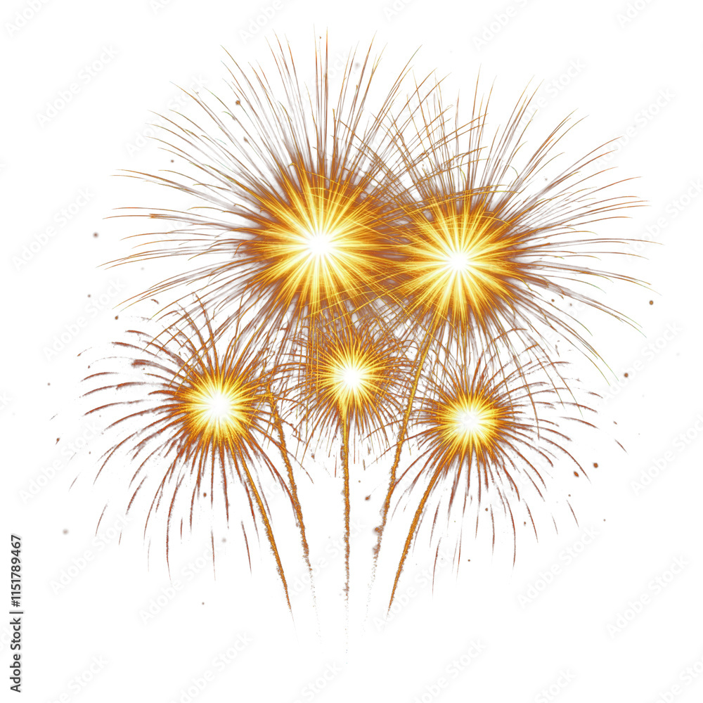 Obraz premium Happy New Year festive celebration party fireworks explosion PNG, cutout isolated on transparent background. Gold yellow colored festive cut out image 300dpi