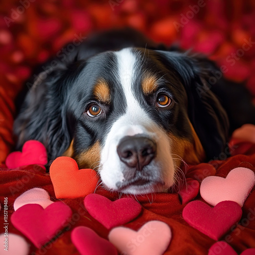Bernese Mountain Dog Surrounded by Heart Decorations for Valentine's Day