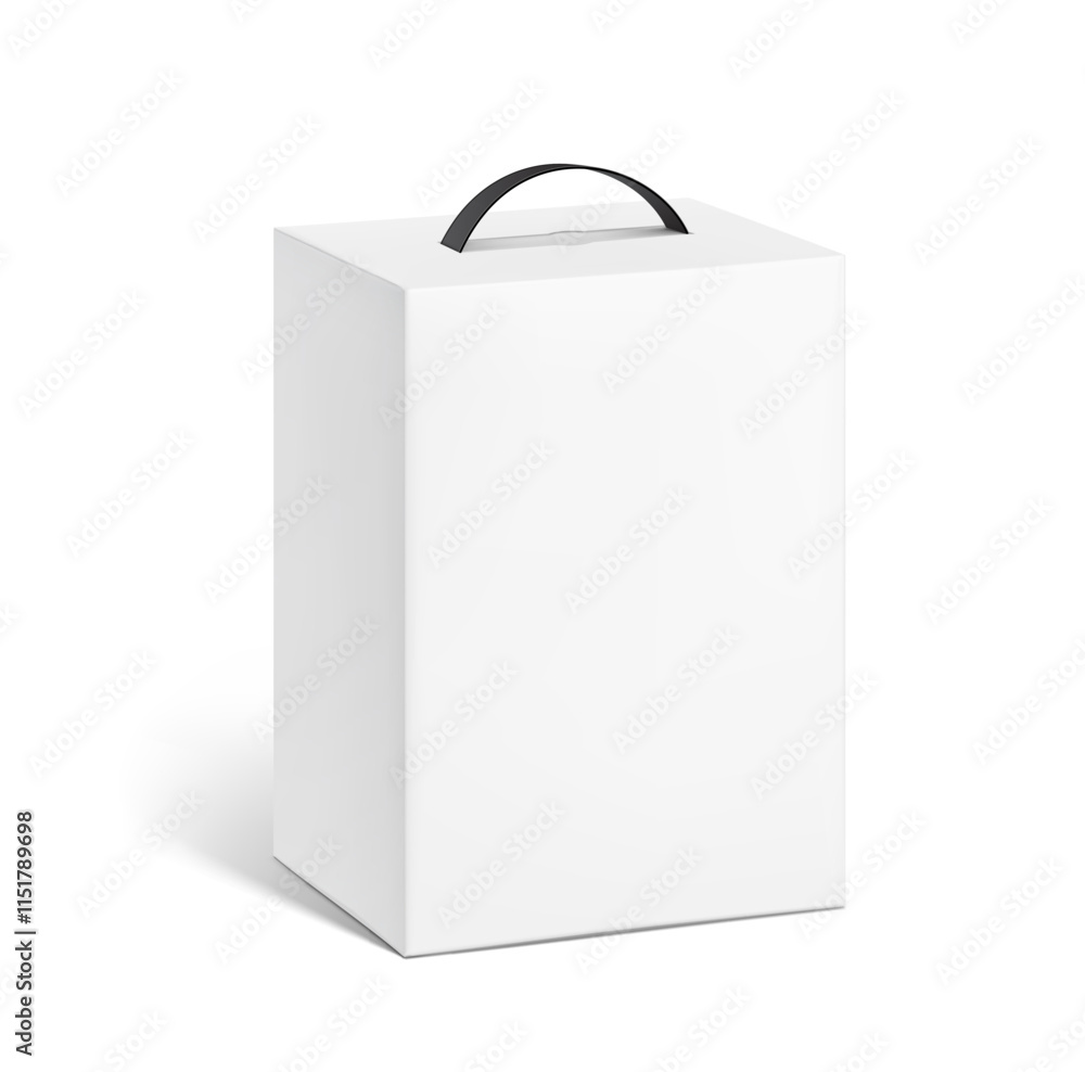 Cardboard bag box with plastic handles mockup. Half side view. Vector illustration isolated on white background. Ready and simple to use for your design. EPS10. Cardboard bag box with plastic handles mockup. Half side view. Vector illustration isolated on white background. Ready and simple to use for your design. EPS10.
