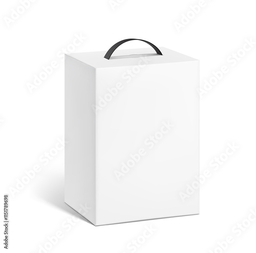 Cardboard bag box with plastic handles mockup. Half side view.  Vector illustration isolated on white background. Ready and simple to use for your design. EPS10.