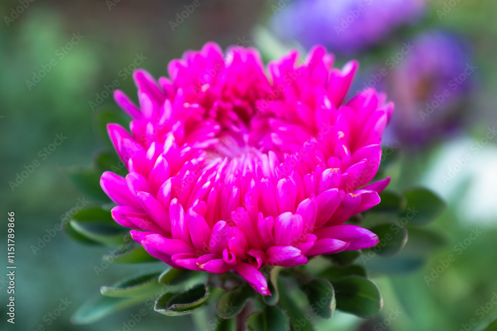 Pink aster flower on a blurred green background, close-up. Bright aster bud for publication, design, poster, calendar, post, screensaver, wallpaper, postcard, cover, website. High quality photography Pink aster flower on a blurred green background, close-up. Bright aster bud for publication, design, poster, calendar, post, screensaver, wallpaper, postcard, cover, website. High quality photography