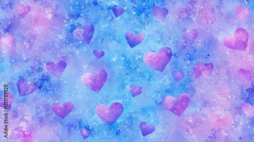 Colorful heart patterns create a vibrant backdrop in shades of blue and purple, evoking a sense of joy and love