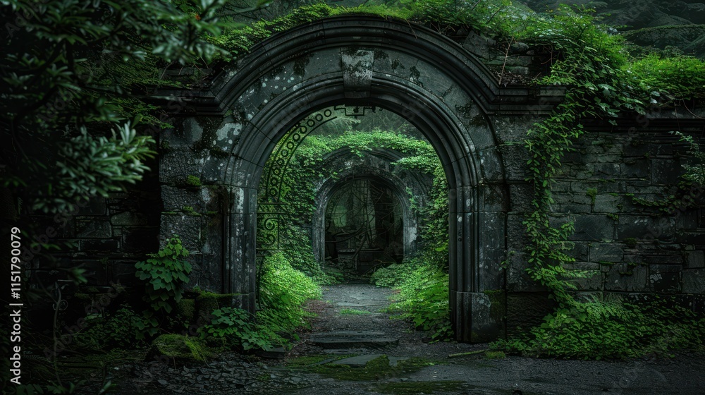 Stone archway with vines, leading to an overgrown path. Stone archway with vines, leading to an overgrown path.