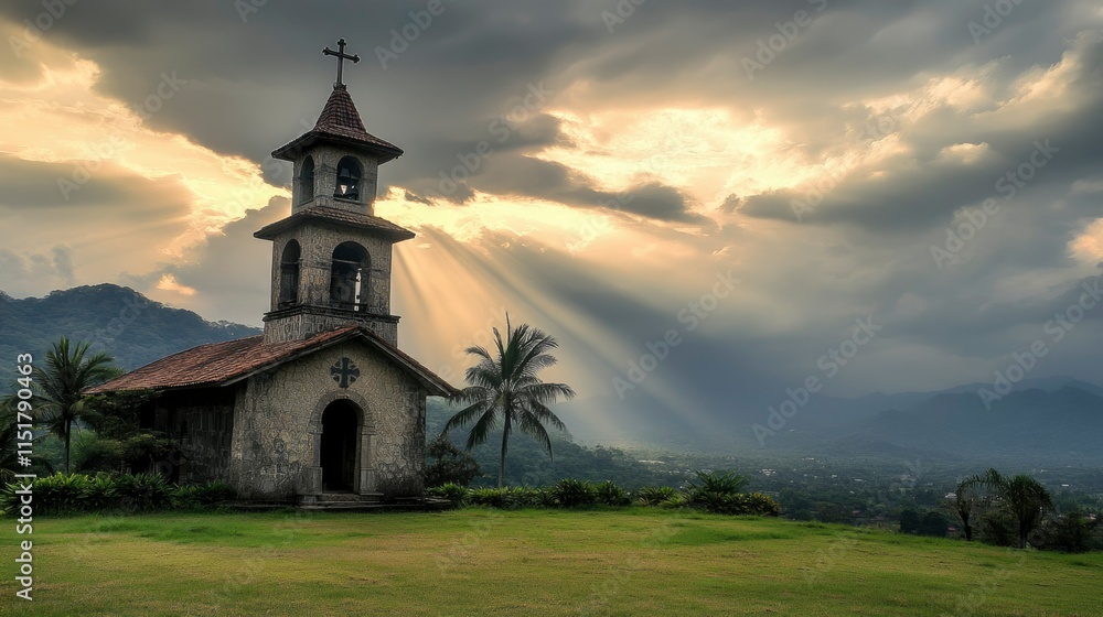 Naklejka premium Stone Church Bell Tower Sunset Mountain Landscape