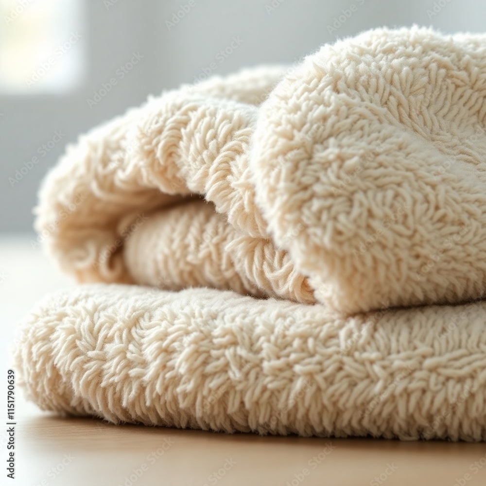 A digitally rendered image of a fluffy towel, realistic texture and depth, soft-focus bokeh background, muted colors