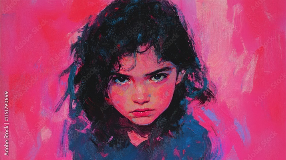 Fototapeta premium Expressive Portrait of a Young Girl with Intense Gaze and Colorful Background