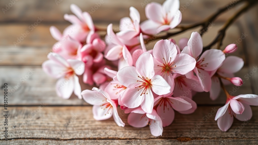 Fototapeta premium Delicate Pink Blossoms Resting on Rustic Wooden Surface
