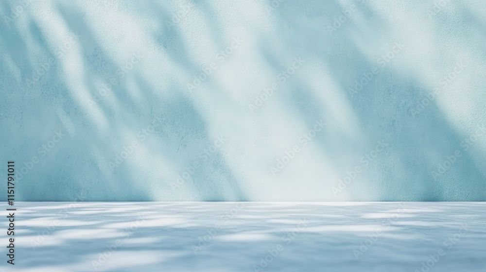 Panoramic blue background with sunlight and blurred wall shadows, perfect for winter product display Panoramic blue background with sunlight and blurred wall shadows, perfect for winter product display
