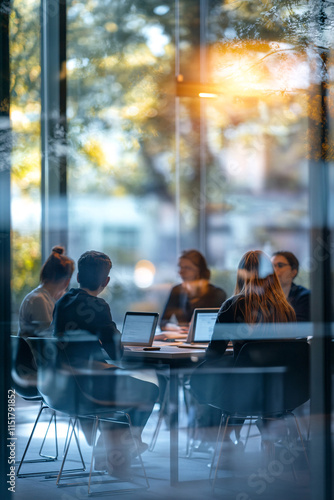 Wallpaper Mural Defocused abstract background featuring a modern meeting room with natural light and a professional team collaborating. Ideal for business and corporate visuals.
 Torontodigital.ca