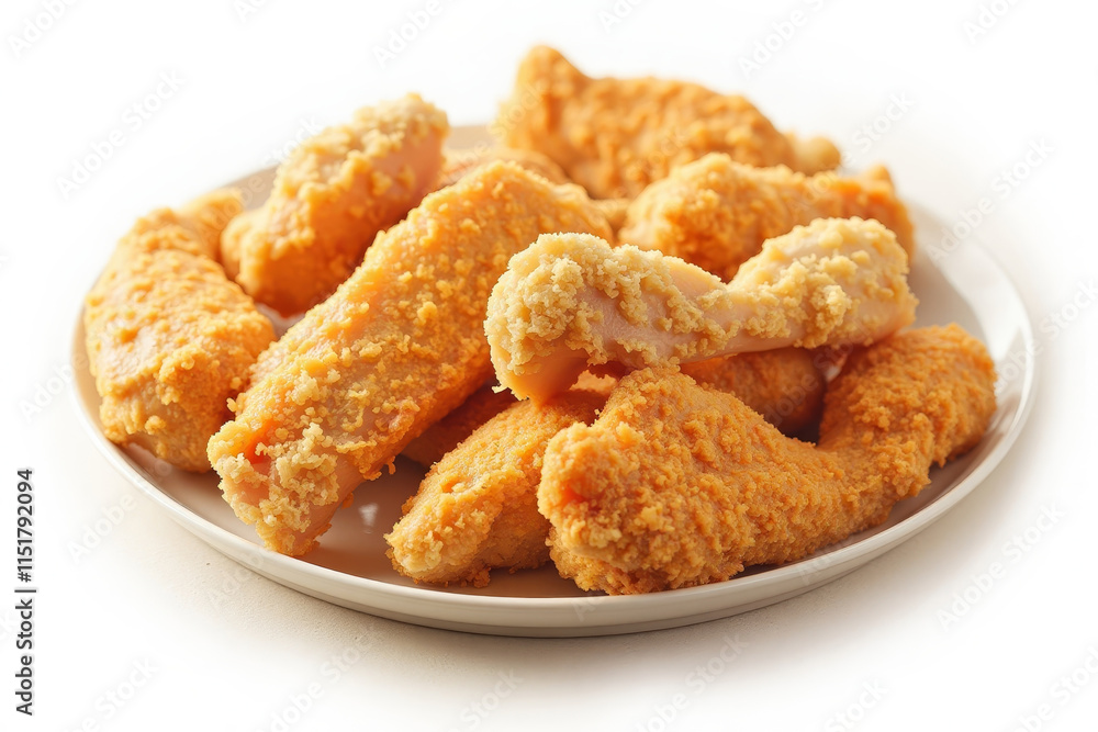 Crispy fried chicken pieces on white plate with golden coating copy space Crispy fried chicken pieces on white plate with golden coating copy space