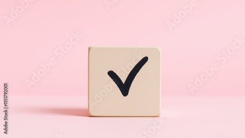 A single beige block with a bold black checkmark symbol on a soft pink background