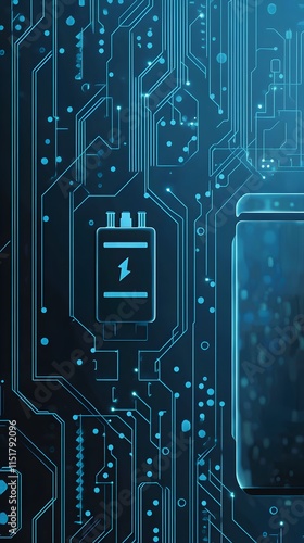 Futuristic illustration of battery technology with digital circuit patterns and a blue glow
