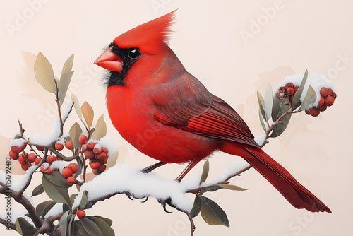 Majestic Northern Cardinal in Winter Wonderland: A Stunning Digital Painting of a Vibrant Red Bird Perched on a Snow-Covered Branch with Red Berries photo