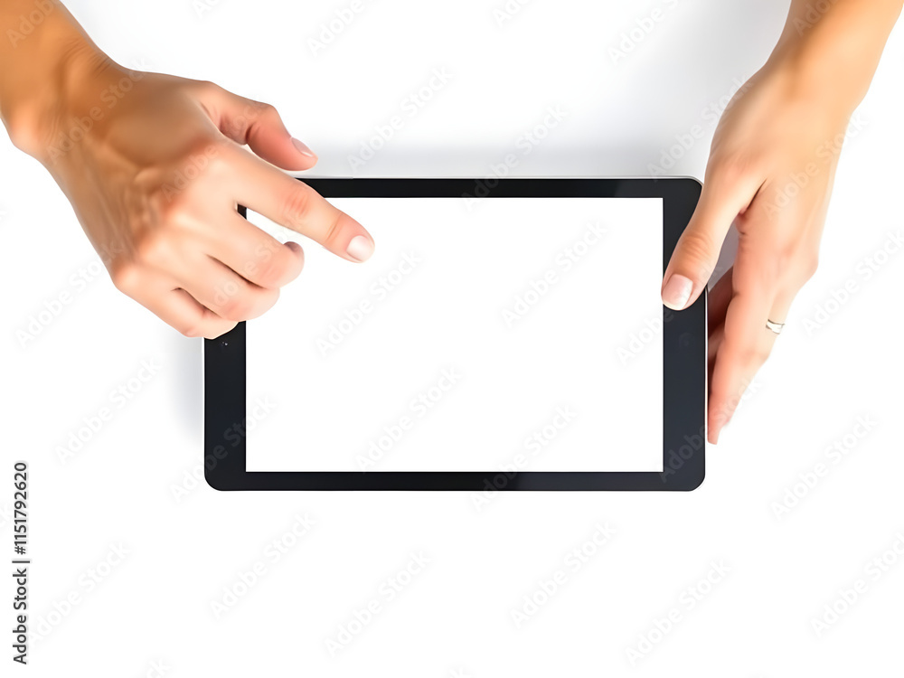 Hands touching white tablet screen, isolated on white background Hands touching white tablet screen, isolated on white background
