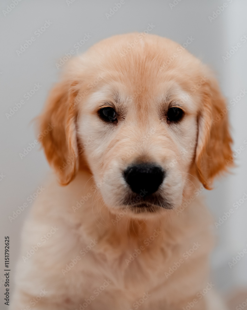 Small golden retriever puppy sitting on the floor. Golden Reriever puppy portrait. Dog at home Small golden retriever puppy sitting on the floor. Golden Reriever puppy portrait. Dog at home