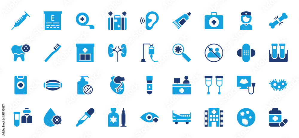 Set of Medical and Healthcare icon. Sanitizer, Receptionist, Drop, Vaccine, Eye Treatment, Hospital Bed, Hospital, Bacteria, Pills Bottle, Injection, Vitamin E, Adhesive Tape vector illustration. Set of Medical and Healthcare icon. Sanitizer, Receptionist, Drop, Vaccine, Eye Treatment, Hospital Bed, Hospital, Bacteria, Pills Bottle, Injection, Vitamin E, Adhesive Tape vector illustration.
