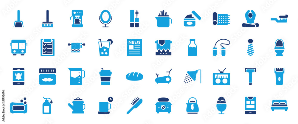 Set of Morning Routine icon. Bar Soap, Bread, Eye Mascara, Yoga Mat, Hair Comb, Bus School, Milk Bottle, Washroom, Bedroom, Check List, Measuring Glass, Radio, Razor Blade vector illustration. Set of Morning Routine icon. Bar Soap, Bread, Eye Mascara, Yoga Mat, Hair Comb, Bus School, Milk Bottle, Washroom, Bedroom, Check List, Measuring Glass, Radio, Razor Blade vector illustration.