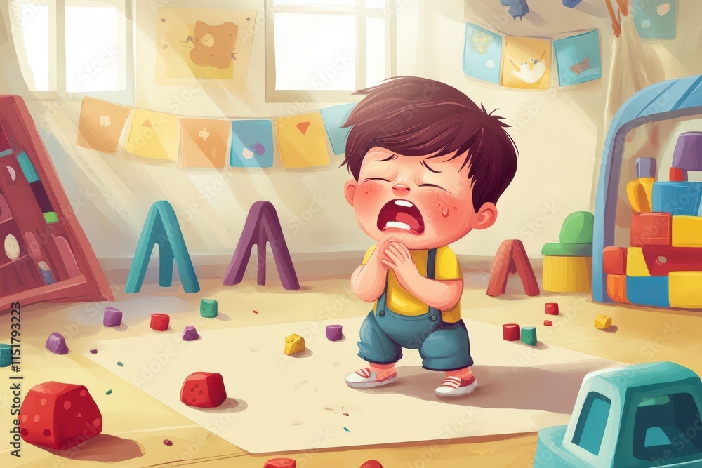 Fototapeta premium Upset Toddler Crying Amidst Scattered Toys in Playroom