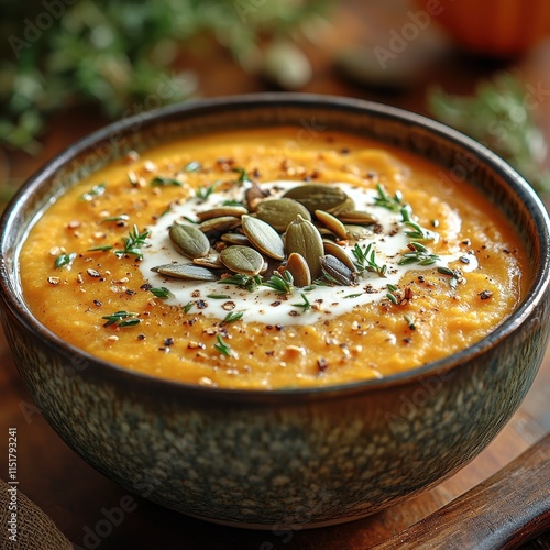 Bowl of creamy acorn squash soup garnished with pumpkin seeds. photo