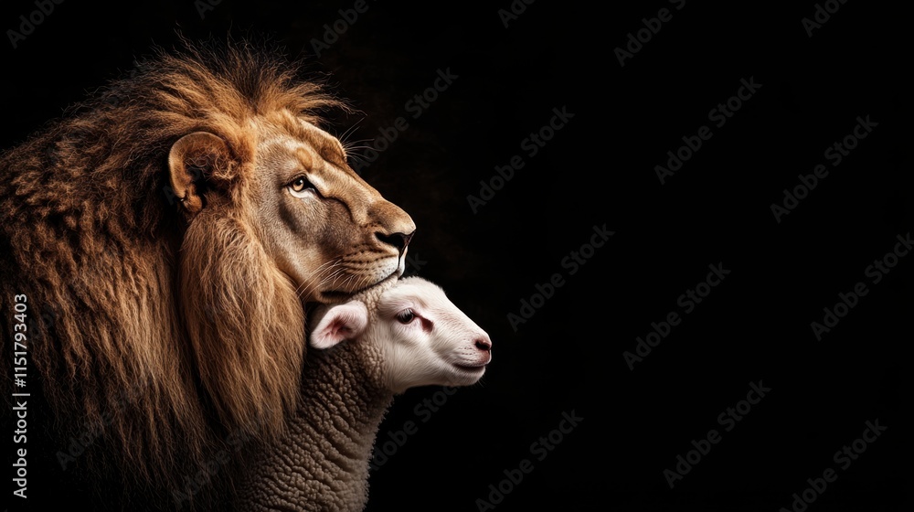 Fototapeta premium Lion and Sheep Side by Side in Contrast of Strength and Innocence