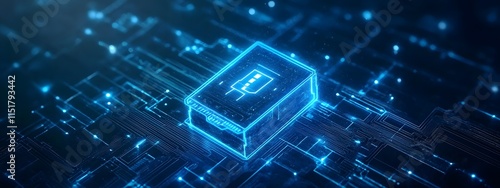 Futuristic illustration of battery technology with digital circuit patterns and a blue glow