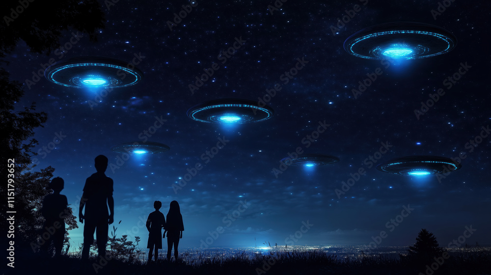 Fototapeta premium Group of UFOs hovering over city with starry night sky