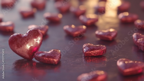 Tiny red hearts scattered on a reflective surface create a romantic and festive atmosphere for special occasions