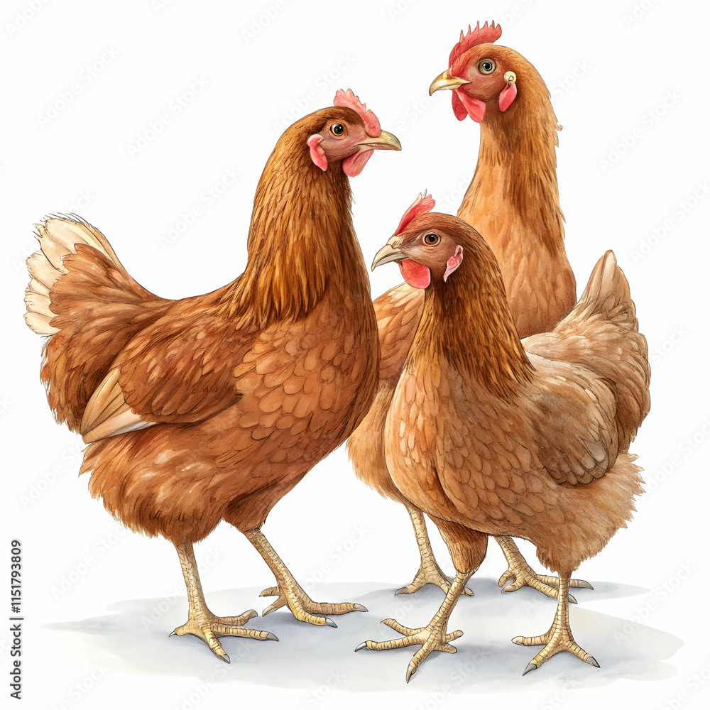 Fototapeta premium Three brown farm chickens standing together on white background