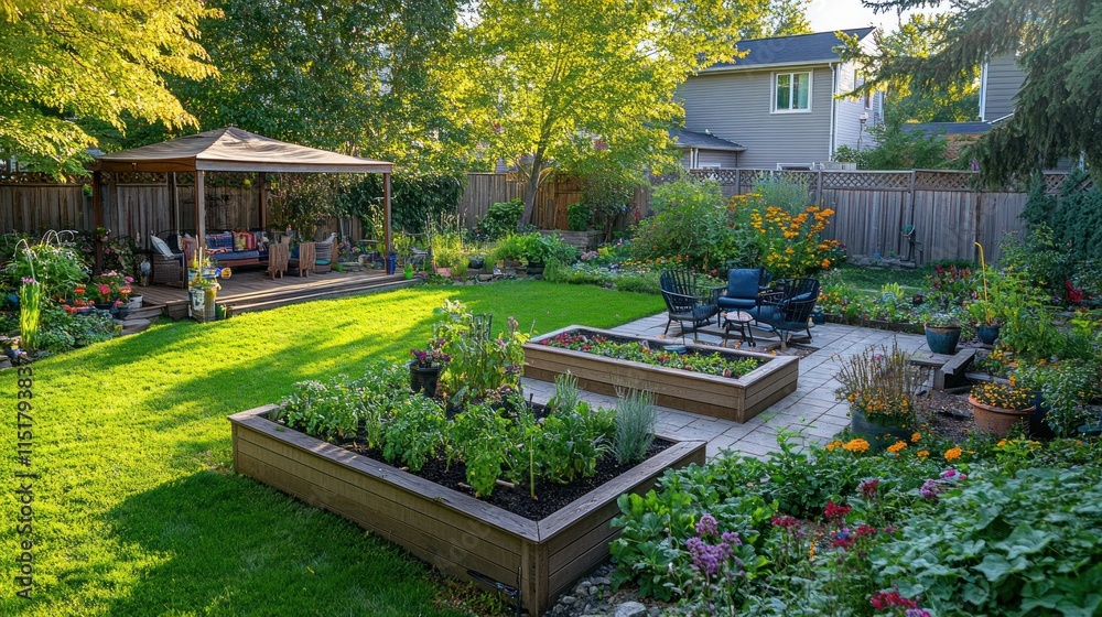 A beautiful backyard garden with a patio, raised garden beds, a gazebo, and lush greenery. A beautiful backyard garden with a patio, raised garden beds, a gazebo, and lush greenery.