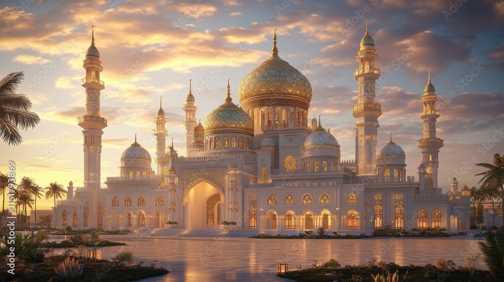 Fototapeta premium Majestic White Palace with Golden Dome Under Vibrant Sunset Sky