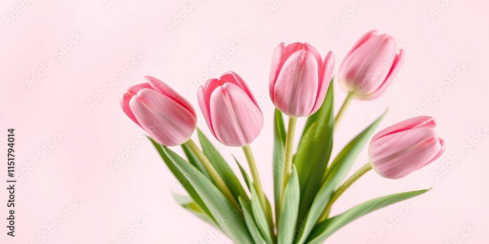 Fototapeta premium A Delicate Bouquet of Five Pink Tulips on a Soft Pink Background