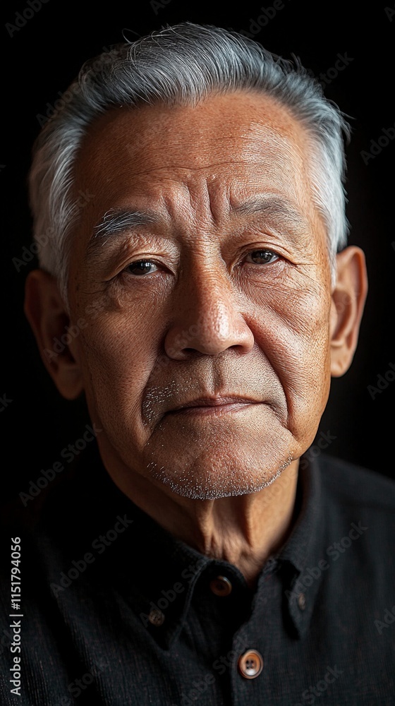 Obraz premium Dramatic portrait of elderly Asian man with silver hair against dark background, wearing black shirt. Dignified expression shows wisdom and life experience in wrinkled face.