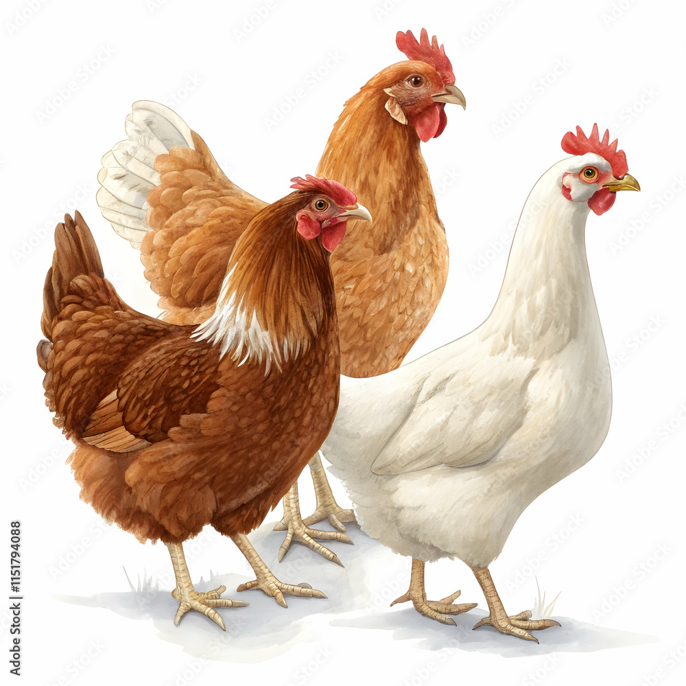Fototapeta premium Two brown chickens and one white hen isolated on white background
