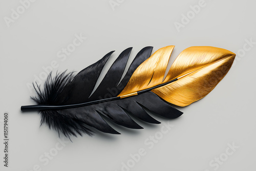 Elegant Black and Gold Feather on Grey Background: A Study in Contrast and Luxury photo