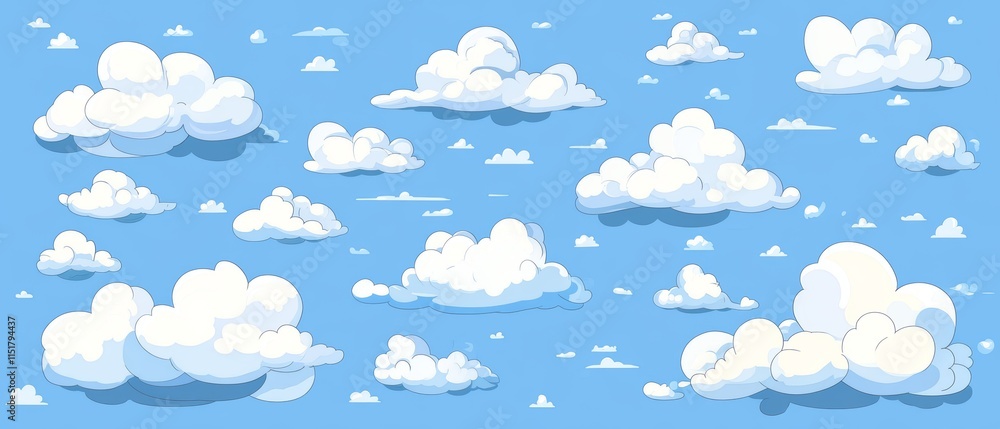 Cartoon clouds floating on a light blue sky background. Cartoon clouds floating on a light blue sky background.