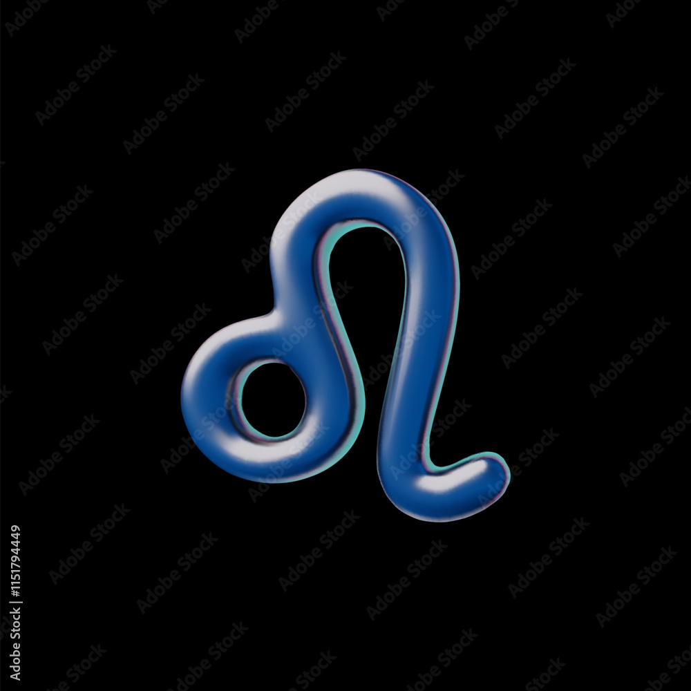 Leo zodiac sign glossy metallic 3D effect, shiny metal alloy horoscope symbol, astrological vector volume blue glare
