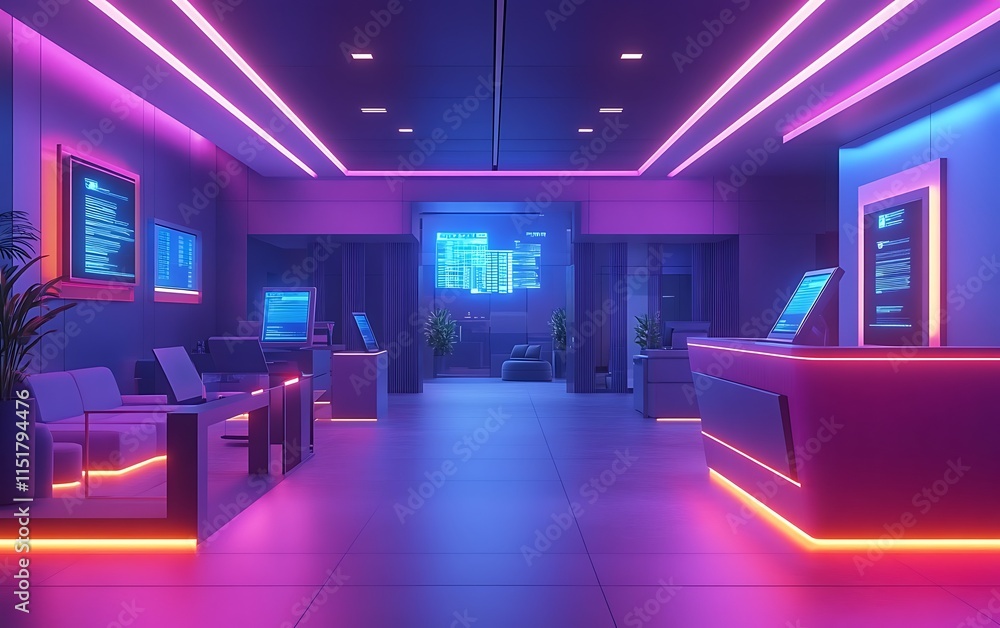 Neon-lit futuristic office interior with reception desk, waiting area, and computer workstations. Neon-lit futuristic office interior with reception desk, waiting area, and computer workstations.