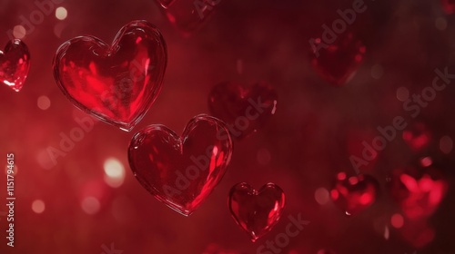 Floating red hearts create a romantic atmosphere against a dark background full of light