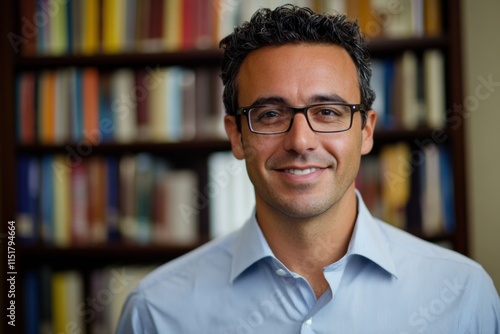 A close-up portrait of a smiling businessman wearing glasses, standing in front of a bookshelf in his office, with a calm and professional demeanor