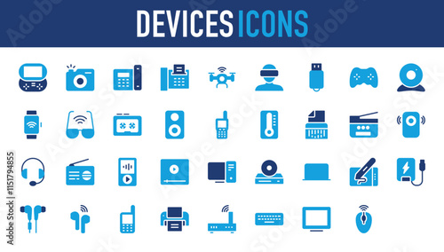 Set of Devices icon. Earpods, Headphone, Router, Screen, Vr Glasses, Camera, Tablet, Power Bank, Earphone, Walkie Talkie, Printer, Keyboard, Monitor, Mouse, Video Game, Landline vector.