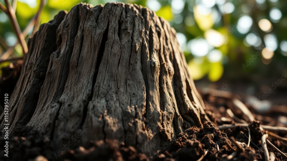 Close-up view of a weathered tree stump in rich soil, sunlight illuminating the detailed wood grain Close-up view of a weathered tree stump in rich soil, sunlight illuminating the detailed wood grain