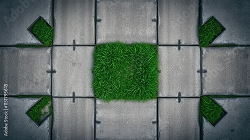 Overhead view of vibrant green grass sprouting through gray paving stones, a contrasting texture and color palette suggesting nature's resilience