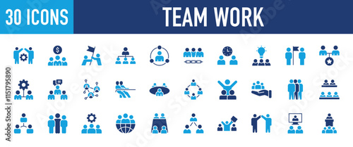 Set of 30 Team Work icon. Pull, Puzzle, Committee, Meeting, Setting, Business Meeting, Link, Users, Global Network, Network, Care, Leader, Partners, Goal, Team, Collaboration illustration.	
