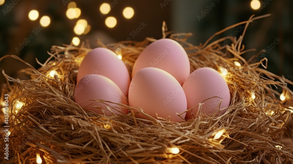 Soft Pink Eggs Nestled in Straw Surrounded by Warm Fairy Lights Soft Pink Eggs Nestled in Straw Surrounded by Warm Fairy Lights